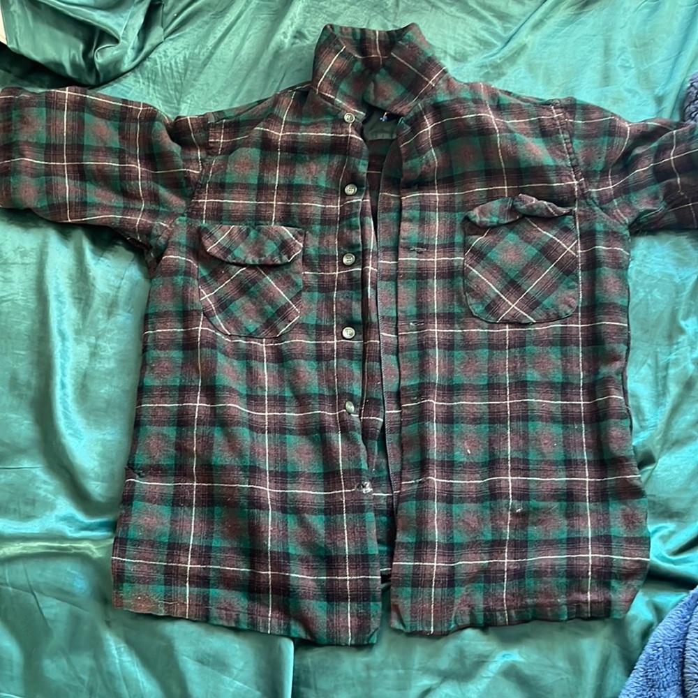 green and brown plaid virgin wool button up